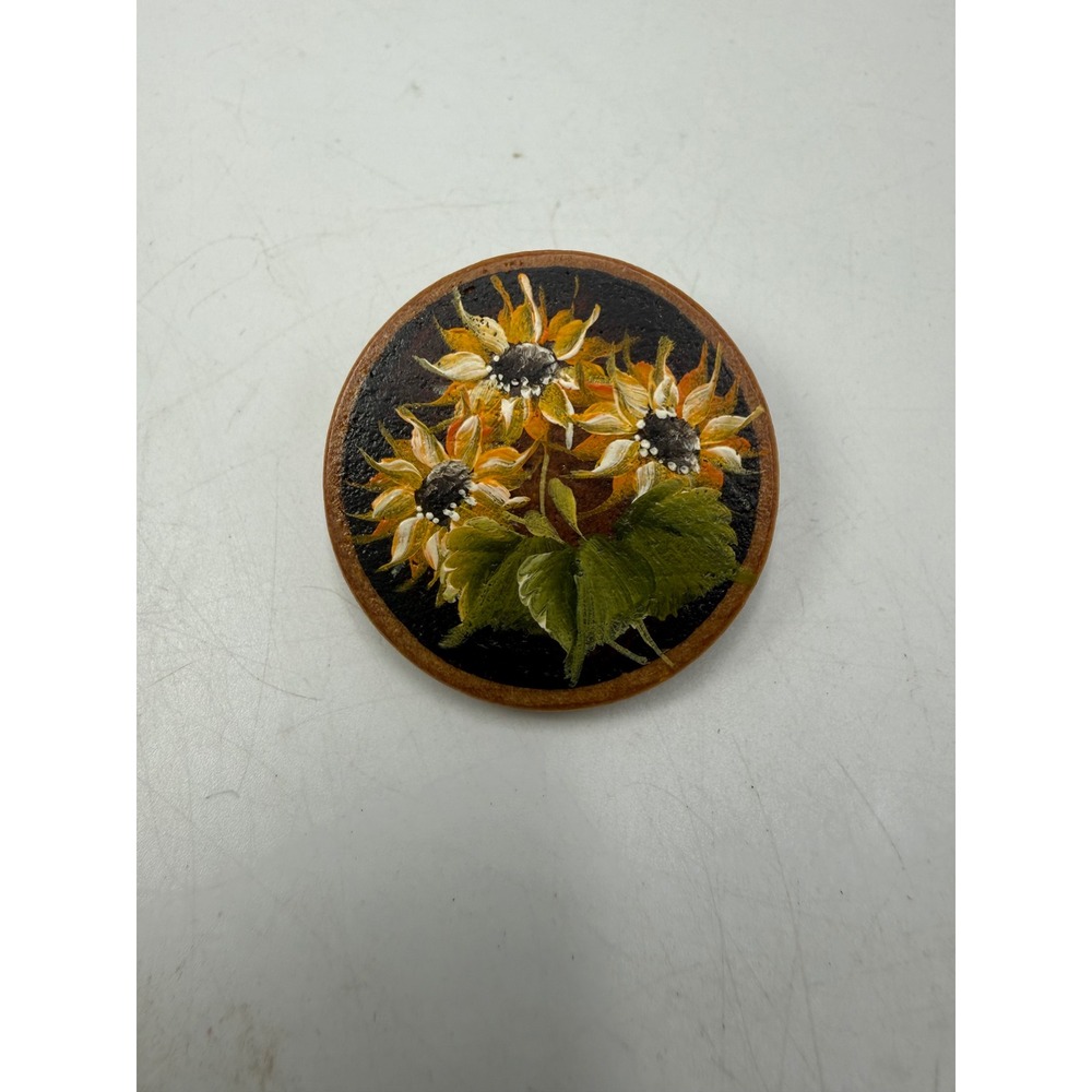 Sheila Kaiser‎ Hand Painted Wooden Sunflower Brooch Signed Folk Art Floral Pin